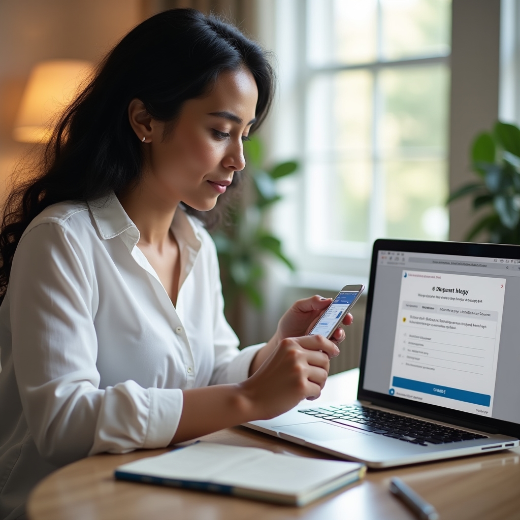A person in business attire completing identity verification steps on a laptop, viewed from slight overhead angle in a well-lit private office