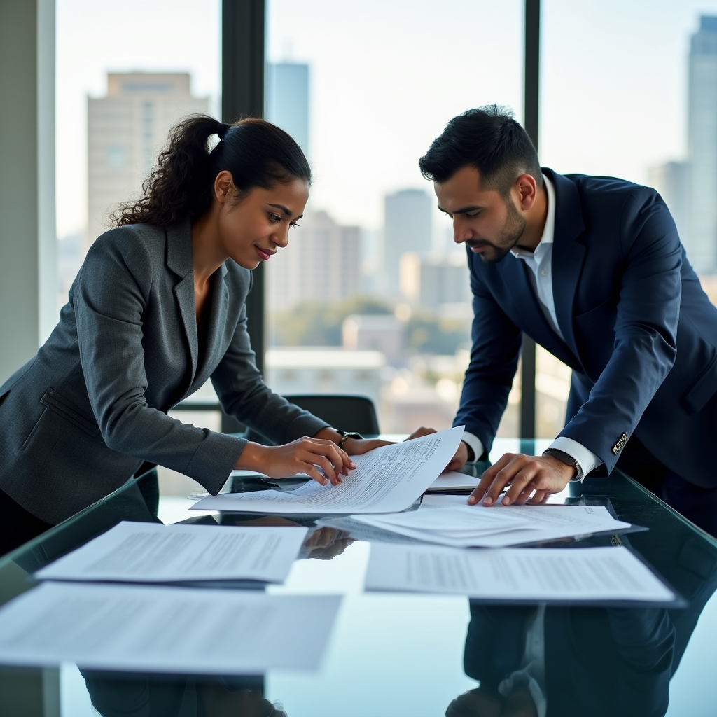 Compliance team reviewing regulatory documents in a modern conference room