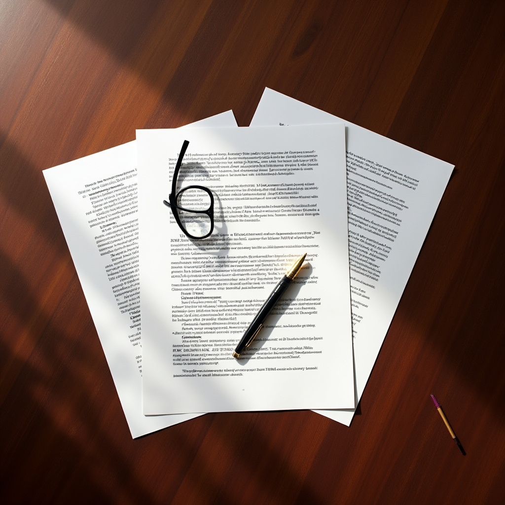 Stack of regulatory compliance documents with a pen, viewed from above on a polished conference table with soft natural light