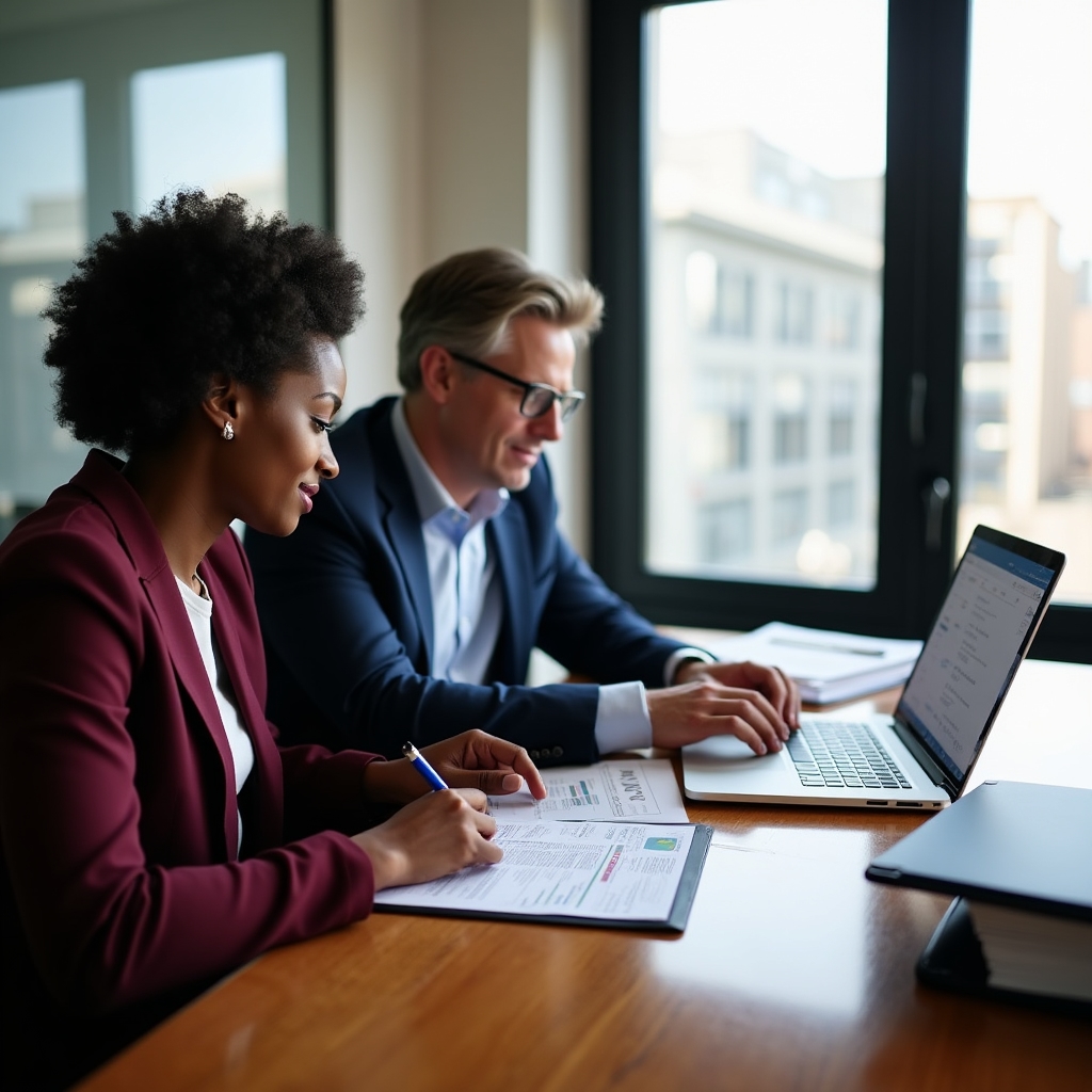 Two compliance professionals reviewing identity verification documents at a polished conference table with laptops and documentation binders