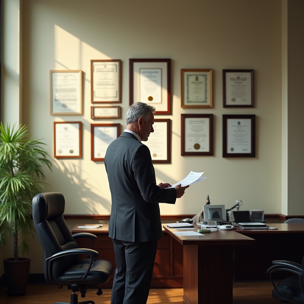 Government regulatory office environment with framed licenses and compliance materials on display